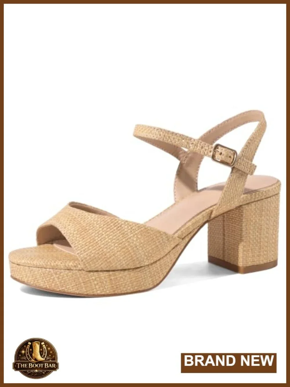 Low Block Heel Raffia Sandals with Ankle Strap Open Toe Summer